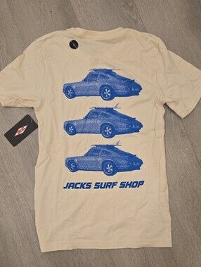 Jacks SURF shop Mens Cream Short-Sleeve PORSCHE Tee with Blue Logo